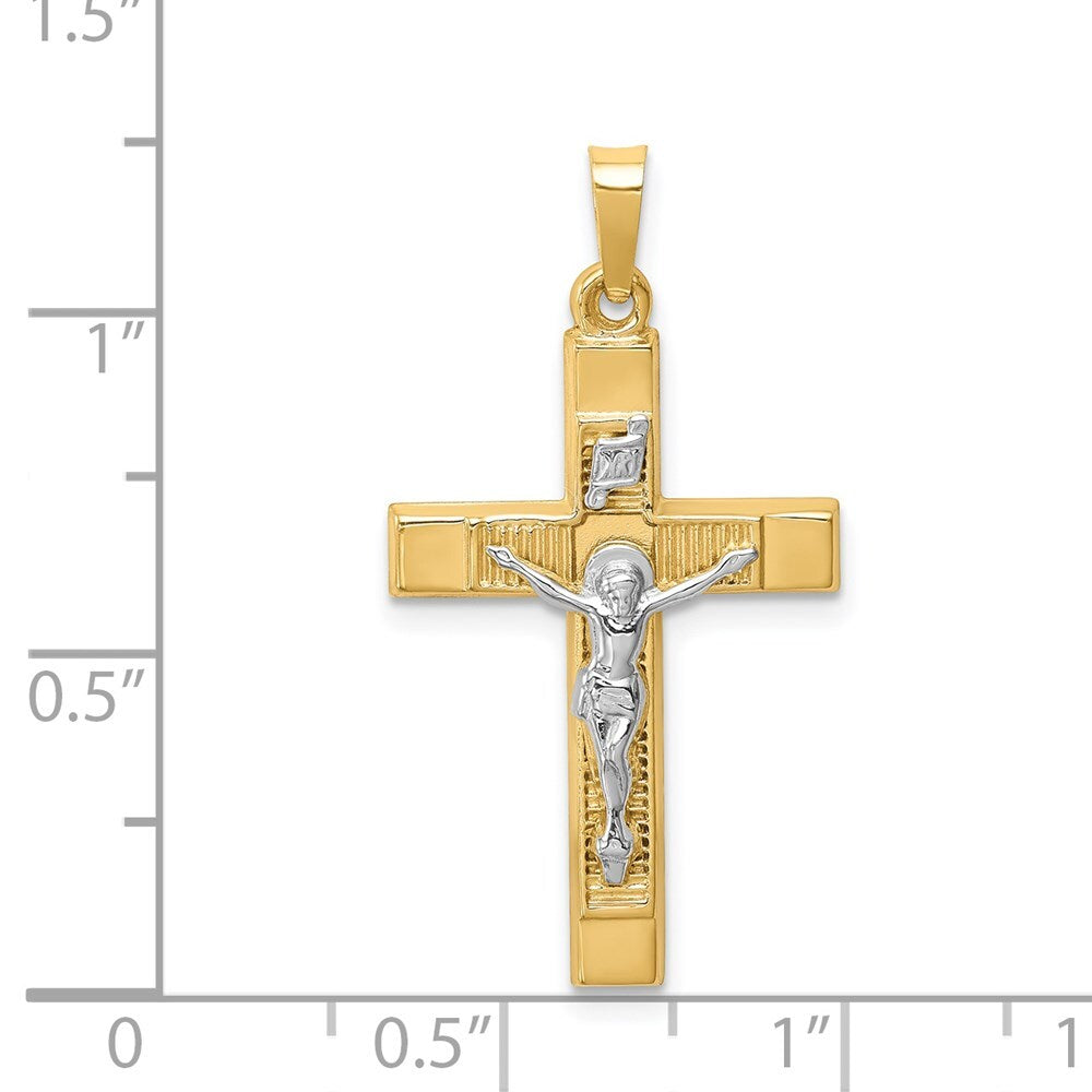 14k Two-tone Gold Hollow Polished Textured Latin Crucifix Pendant