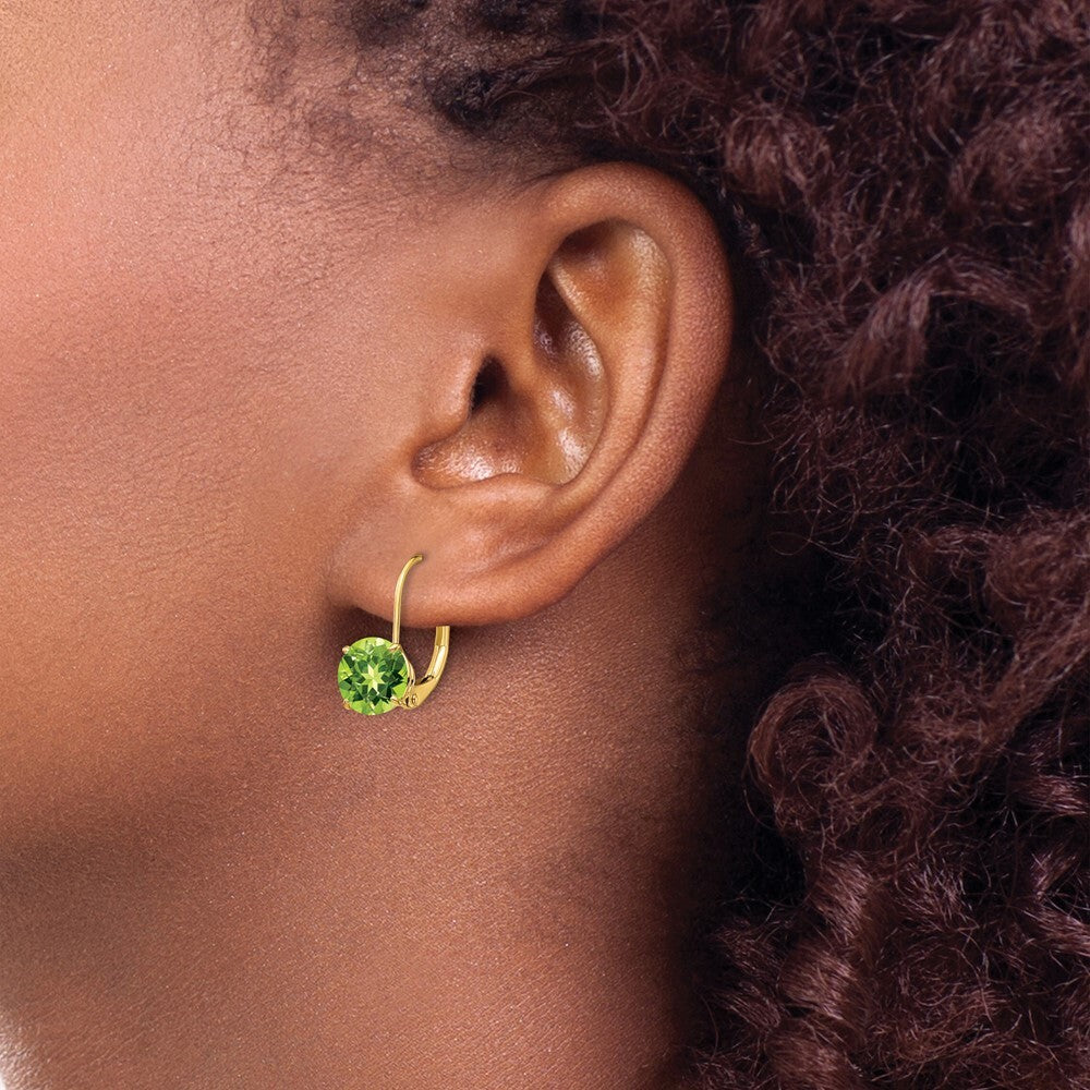 14k Yellow Gold 7mm Peridot Leverback Earrings Gift for Women