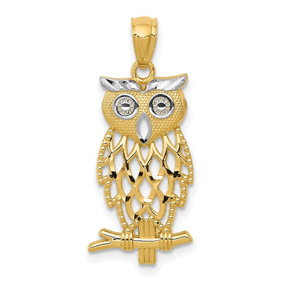 14k Yellow Gold Rhodium Diamond Cut Owl Pendant for Women