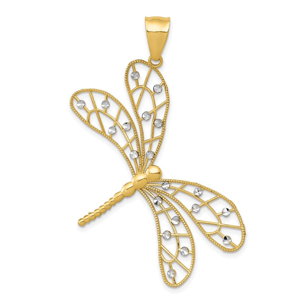14k Yellow Gold Rhodium Polished Diamond-Cut Filigree Dragonfly Pendant