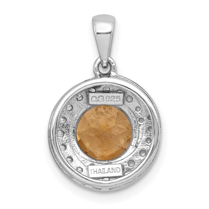 Sterling Silver Checker-cut Round Citrine and White Topaz Circle Pendant
