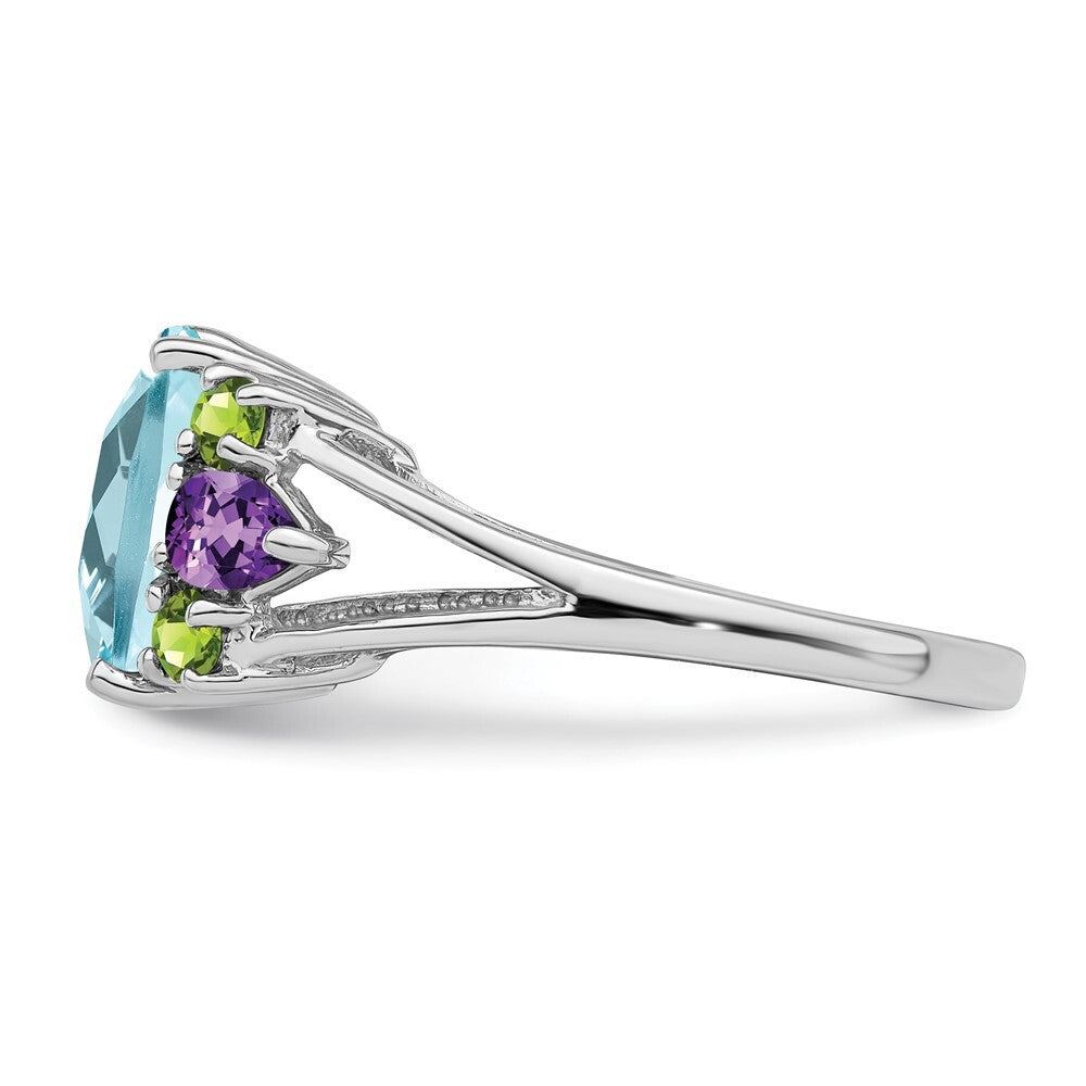 Sterling Silver Rhodium Light Swiss Blue Topaz, Amethyst & Peridot Ring Size 10