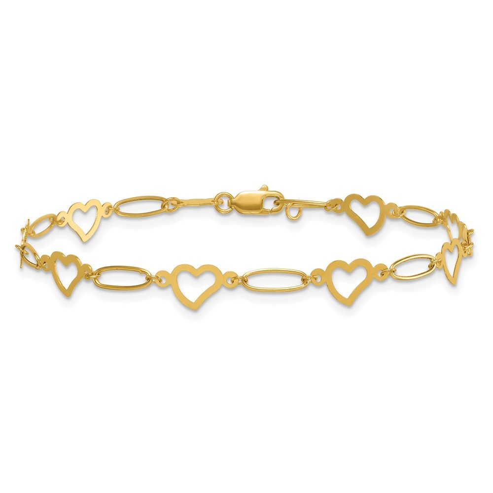 14k Yellow Gold Polished Oval Links and Open Hearts 7.5 inch Bracelet
