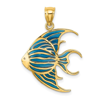 14k Yellow Gold  Blue Enameled Angelfish Charm Pendant for Women