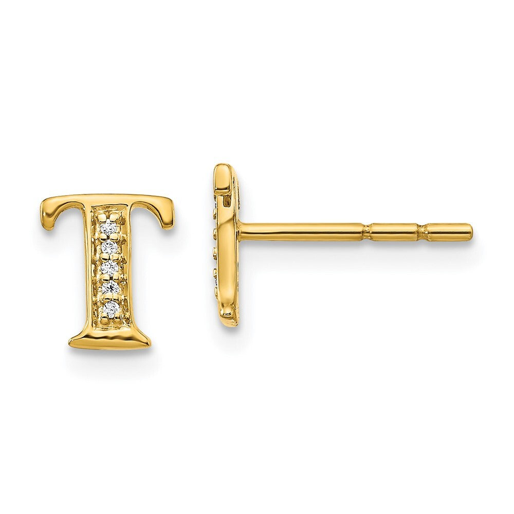 14k Yellow Gold Diamond Initial T Stud Earrings