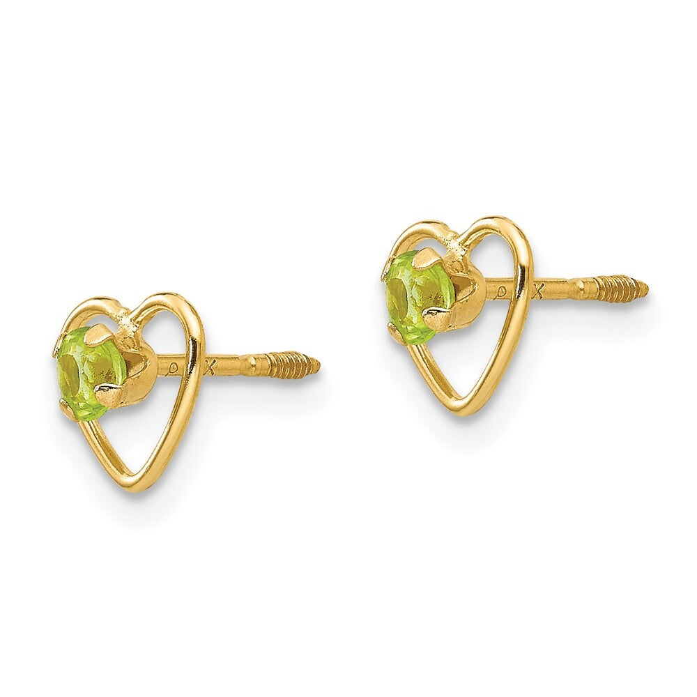 14k Yellow Gold 3mm Genuine Peridot Birthstone Heart Stud Earrings