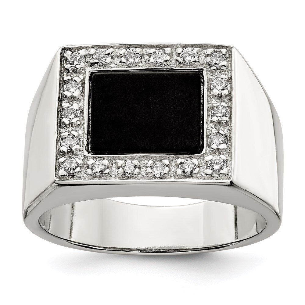 Sterling Silver Rhodium-plated Men's Cubic Zirconia & Onyx Ring Size 10