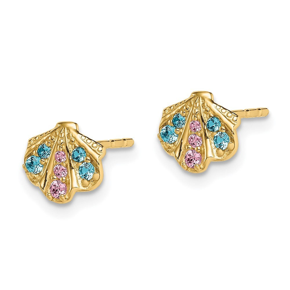 14k Yellow Gold Blue & Pink CZ Seashell Earrings