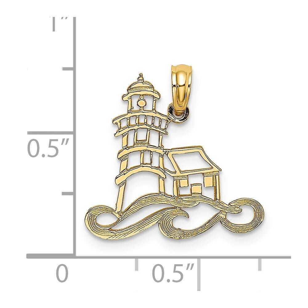 14k Yellow Gold Cut-Out Lighthouse  Water Charm Pendant for Women