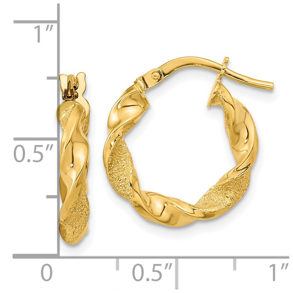 14k Yellow Gold Polished and Textured Twisted Hoop Earrings Gift for Women
