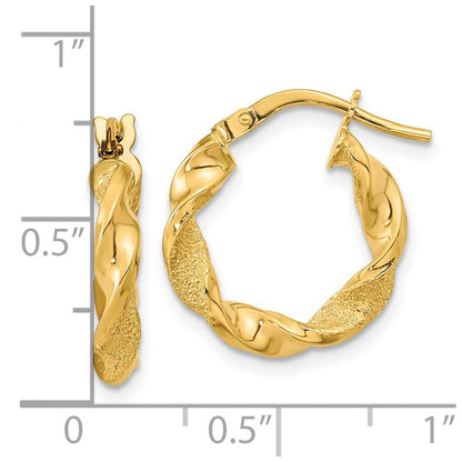 14k Yellow Gold Polished and Textured Twisted Hoop Earrings Gift for Women