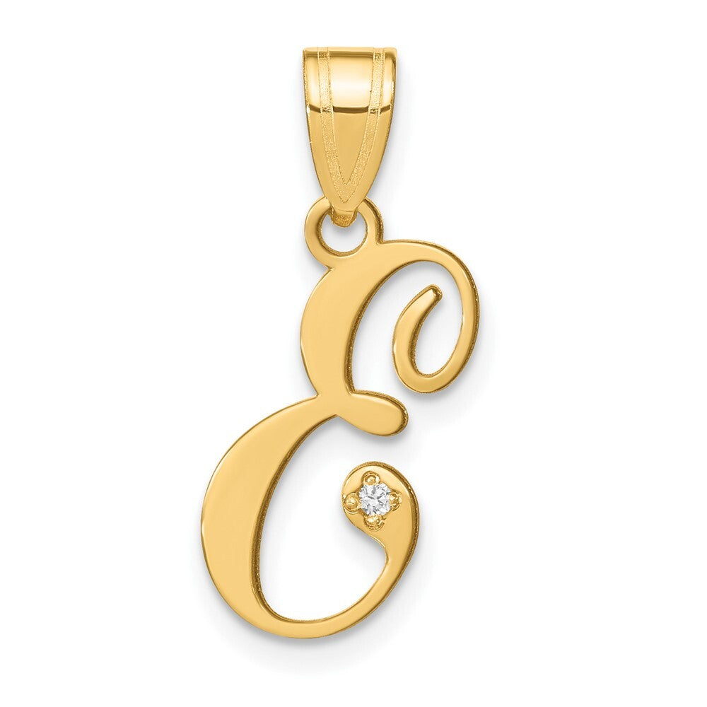 14k Yellow Gold Script Letter E Initial Pendant with Diamond for Women