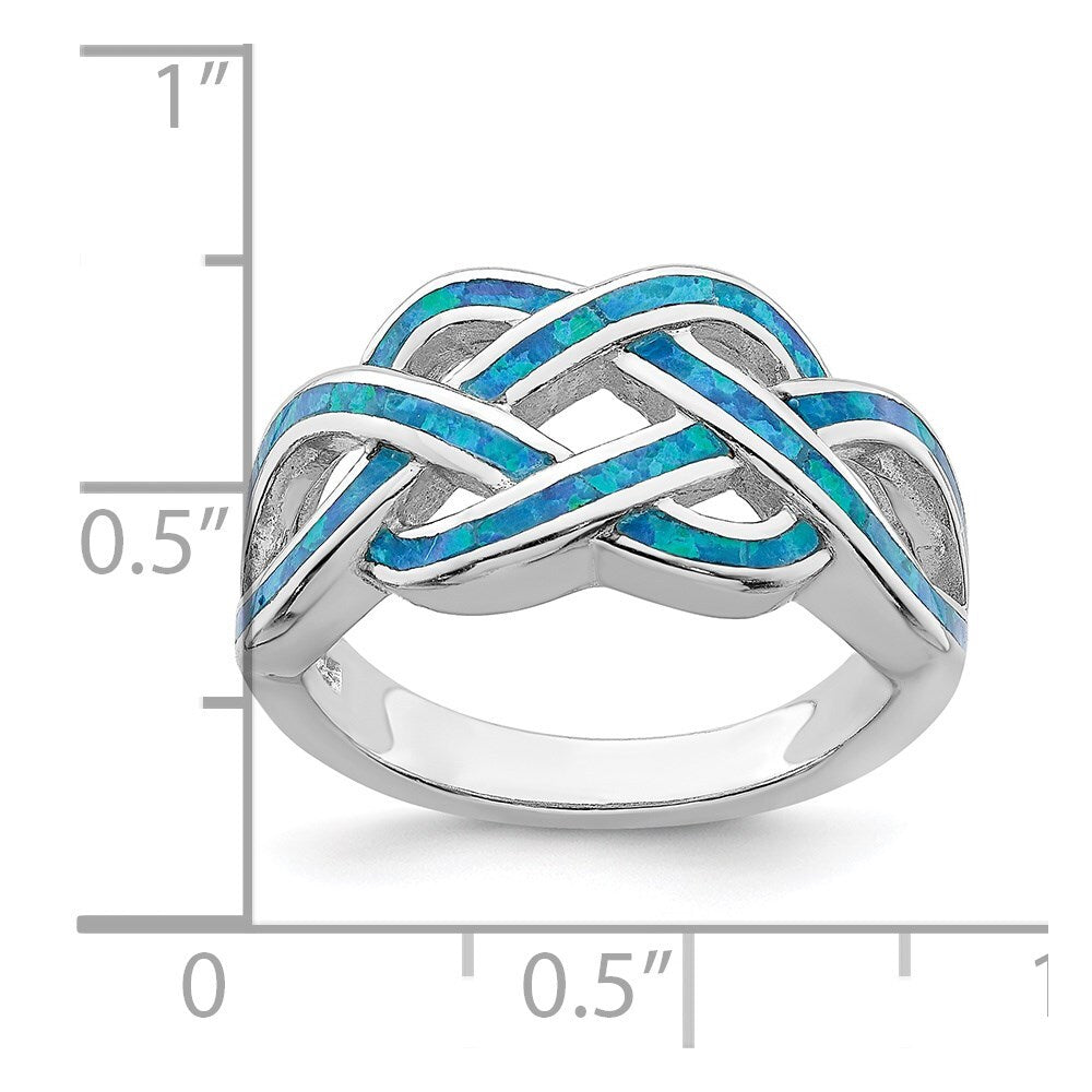 Sterling Silver Rhodium-plated Lab Created Blue Opal Inlay Celtic Knot Ring