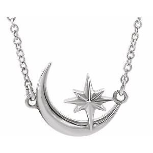 14k White Gold Crescent Moon & Star Pendant Necklace 16-18" for Women