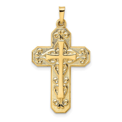 14k Yellow Gold Polished and Textured Hollow Scroll Design Double Cross Pendant