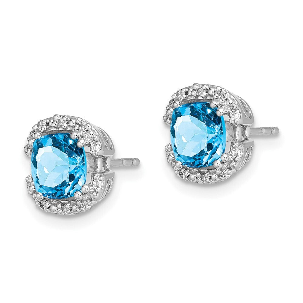 14k White Gold Cushion Blue Topaz and Diamond Halo Stud Earrings