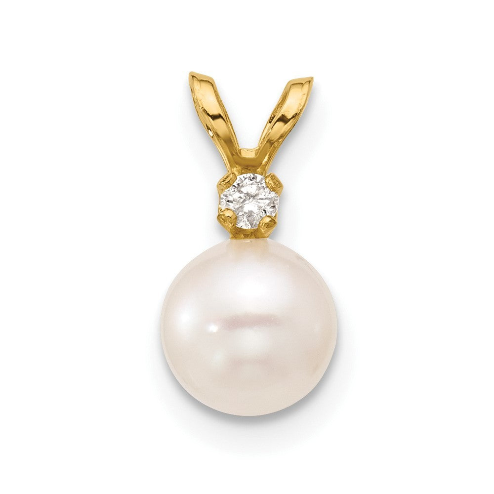 14k Yellow Gold 6mm Round Akoya Saltwater Cultured Pearl and Diamond Pendant