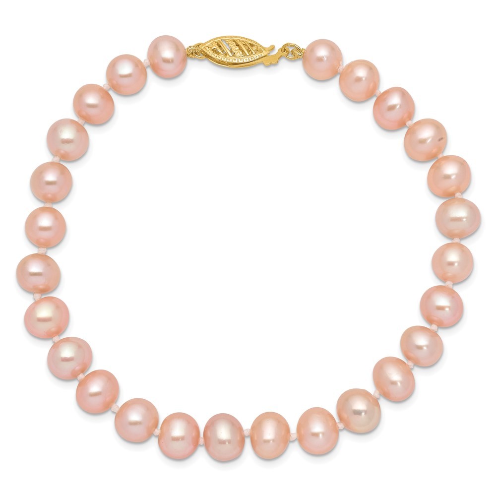 14k Yellow Gold 7-8mm Pink Near-Round Freshwater Cultured Pearl 7.5" Bracelet