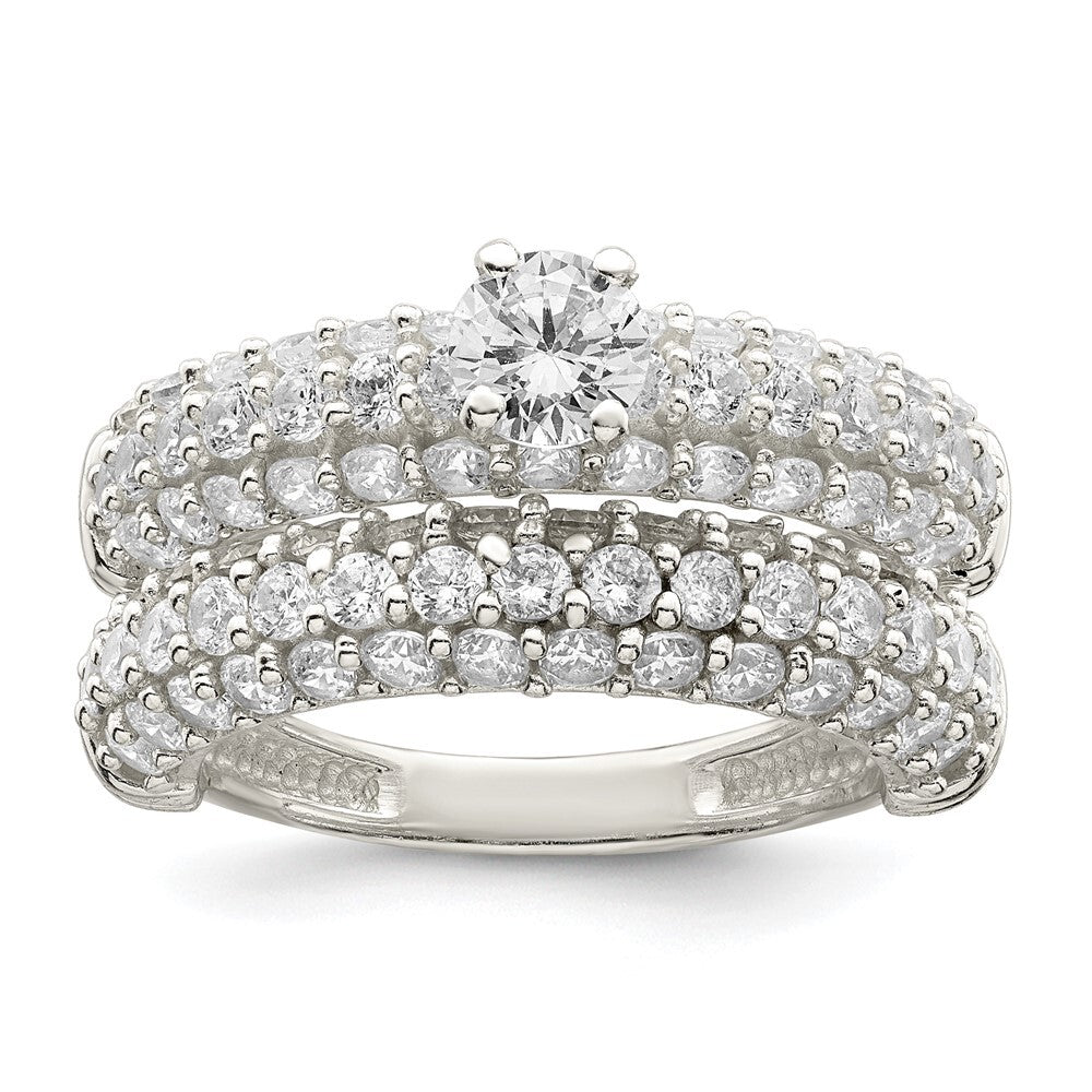 Sterling Silver Polished Pave CZ Wedding Ring Set Size 6