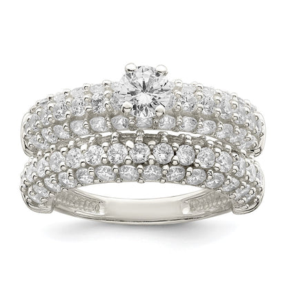 Sterling Silver Polished Pave CZ Wedding Ring Set Size 6