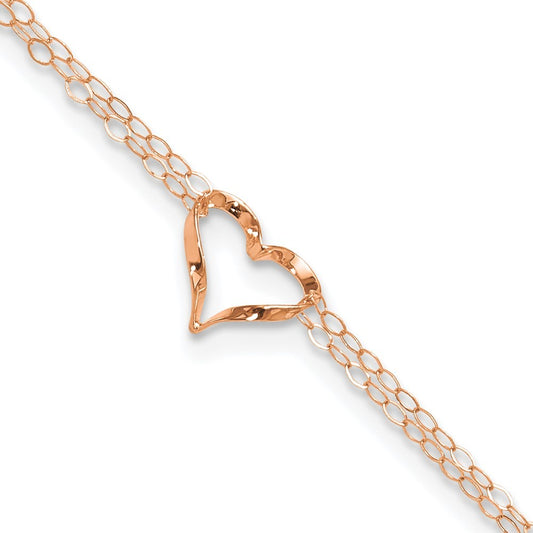 14k Rose Gold Double Strand Chain Twisted Heart 10" Anklet