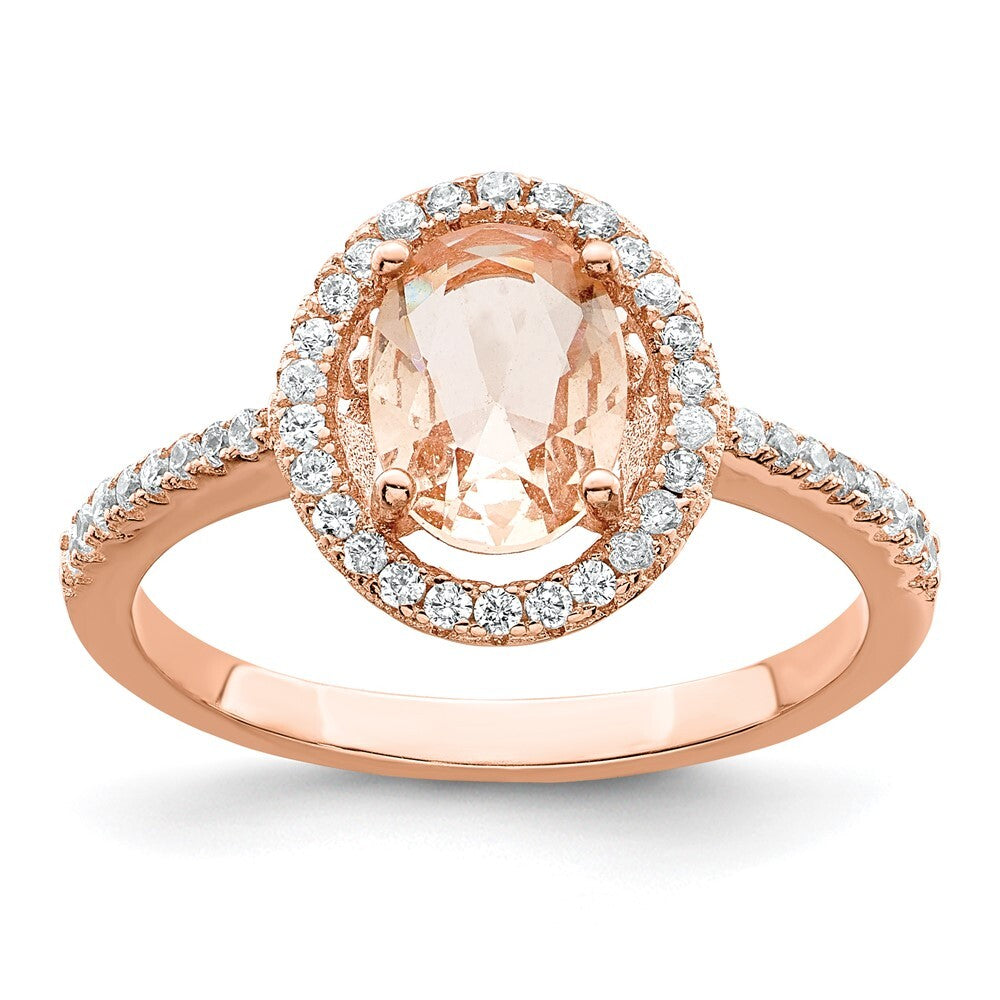 Sterling Silver Rose-tone Pink & White CZ Oval Ring Size 6