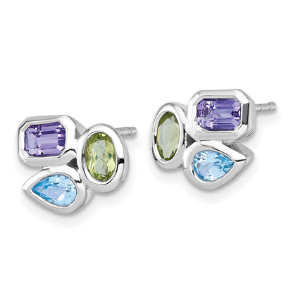 Sterling Silver Pear Blue Topaz, Oval Peridot & Emerald-cut Amethyst Earrings