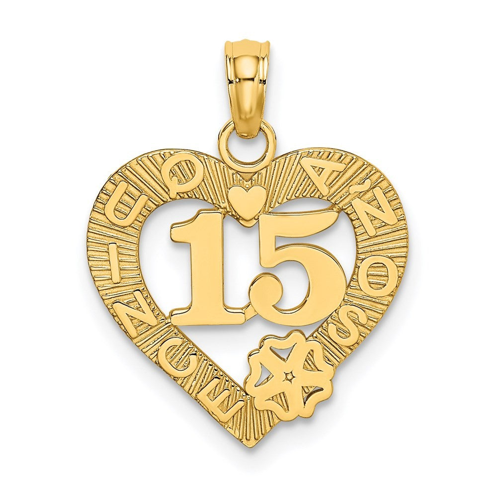 14k Yellow Gold QUINCE ANOS 15 in Heart Charm