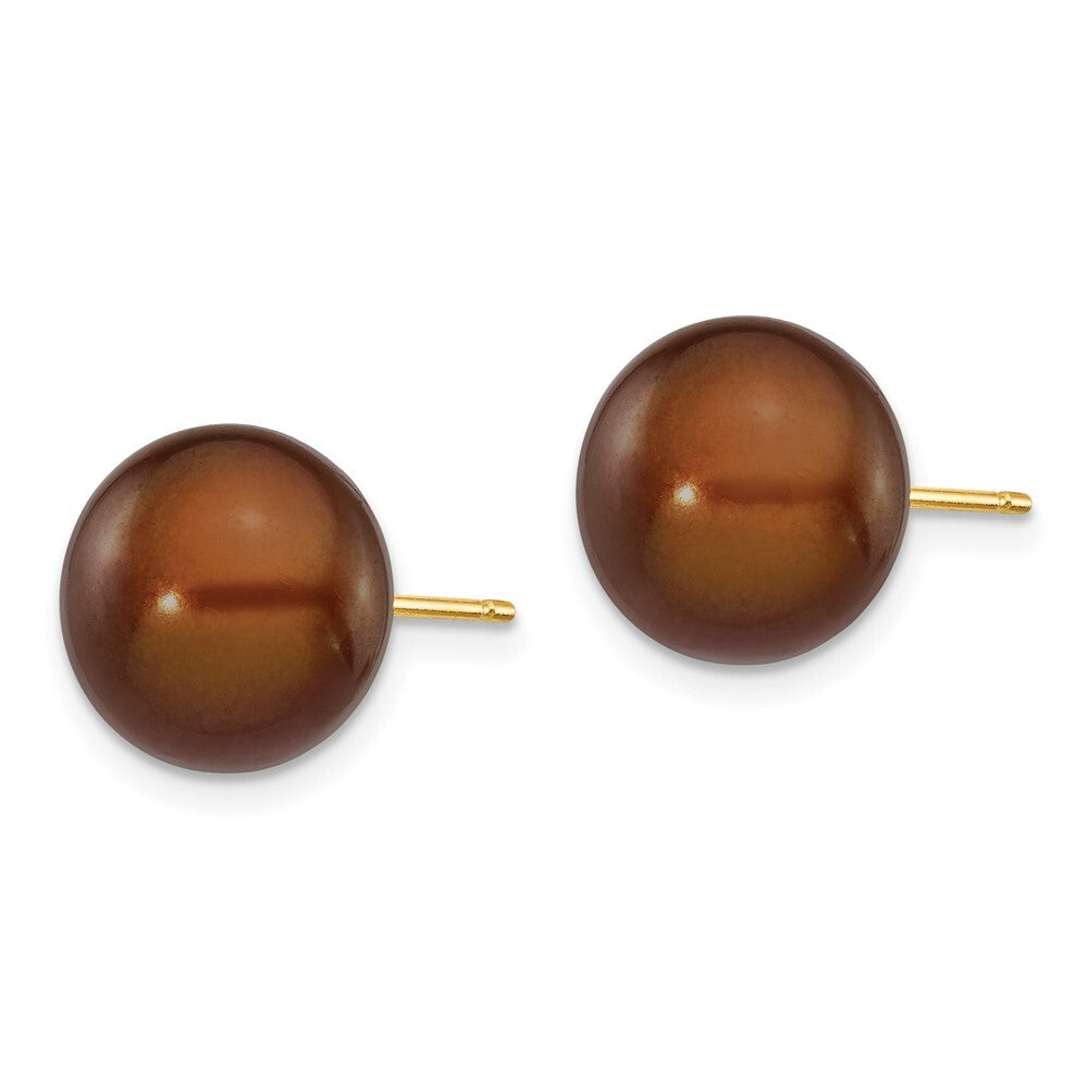 14k Yellow Gold 10-11mm Brown Button Freshwater Cultured Pearl Stud Earrings