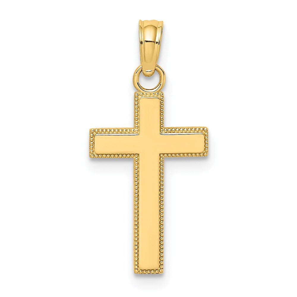 14k Yellow Gold Polished Block Style Beaded Edge Cross Charm Pendant for Women