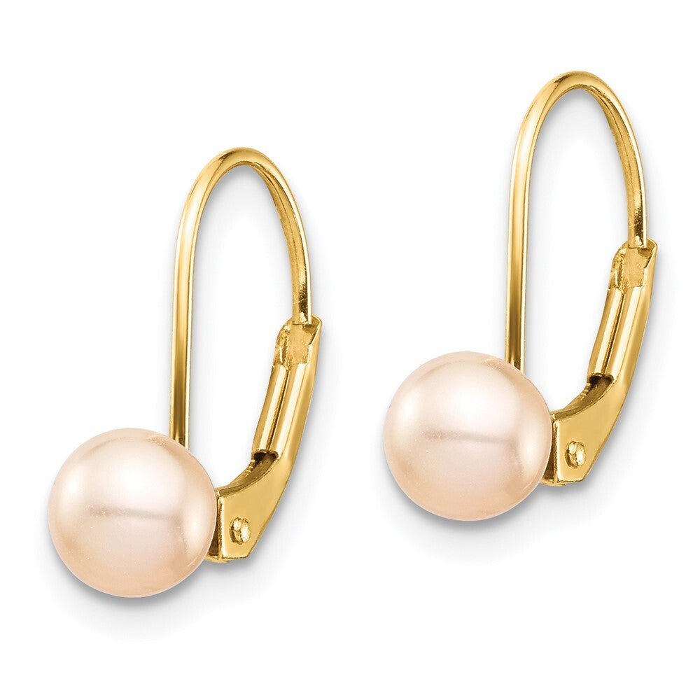 14k Yellow Gold 5-6mm Pink Round Freshwater Cultured Pearl Leverback Earrings
