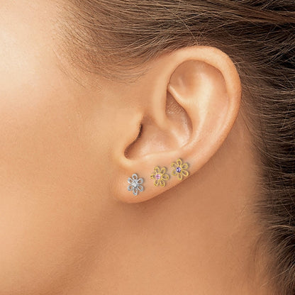 14K Yellow and White Gold Multi-color CZ Flower Earring Set