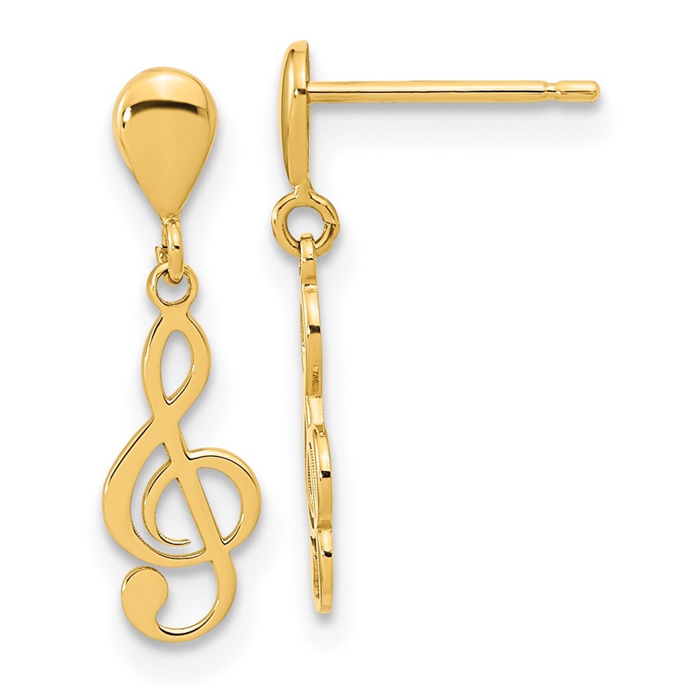 14k Yellow Gold Polished Treble Clef Dangle Earrings Gift for Women