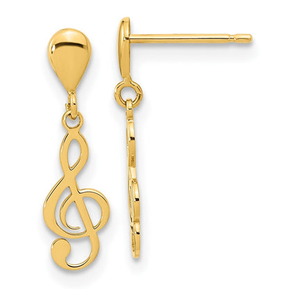 14k Yellow Gold Polished Treble Clef Dangle Earrings Gift for Women