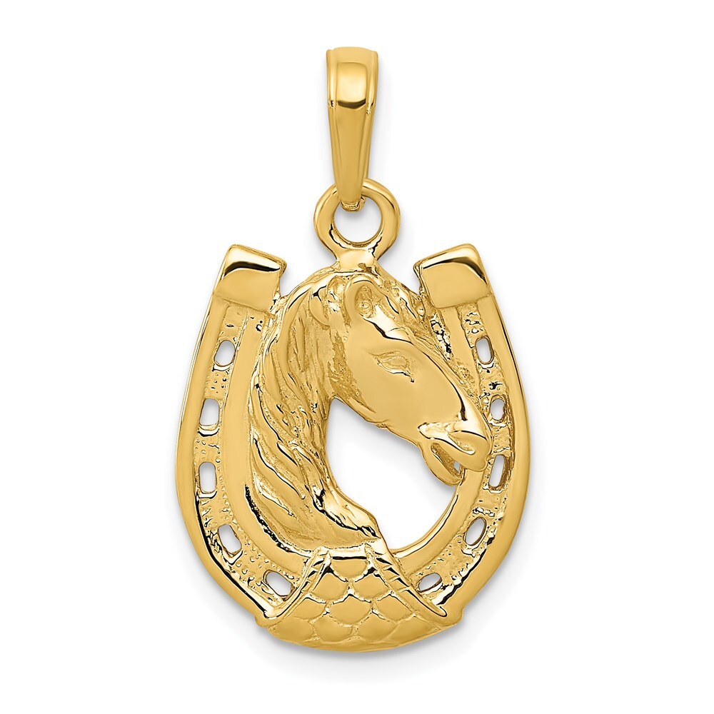 14k Yellow Gold Solid Polished Horse Head in Horseshoe Pendant for Women