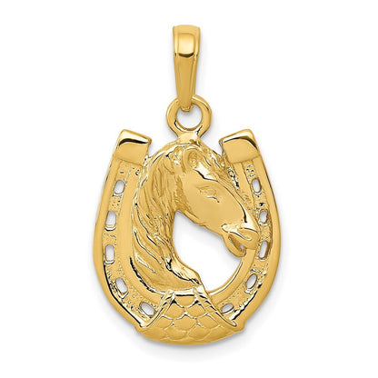 14k Yellow Gold Solid Polished Horse Head in Horseshoe Pendant for Women