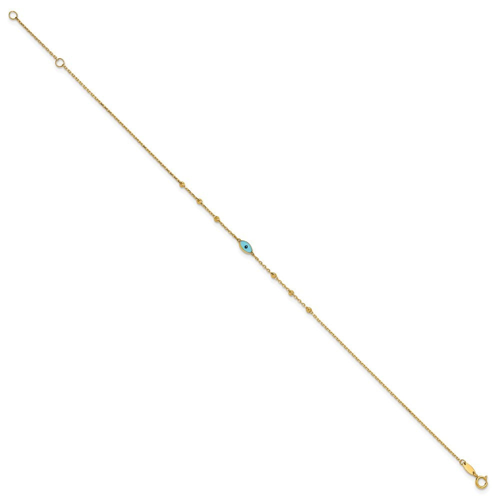 14k Yellow Gold Diamond-cut Bead Stations Blue Glass Evil Eye 10" Anklet