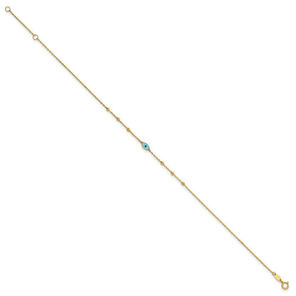 14k Yellow Gold Diamond-cut Bead Stations Blue Glass Evil Eye 10" Anklet