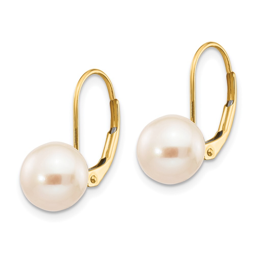 14k Yellow Gold 8-9mm White Round Freshwater Cultured Pearl Leverback Earrings