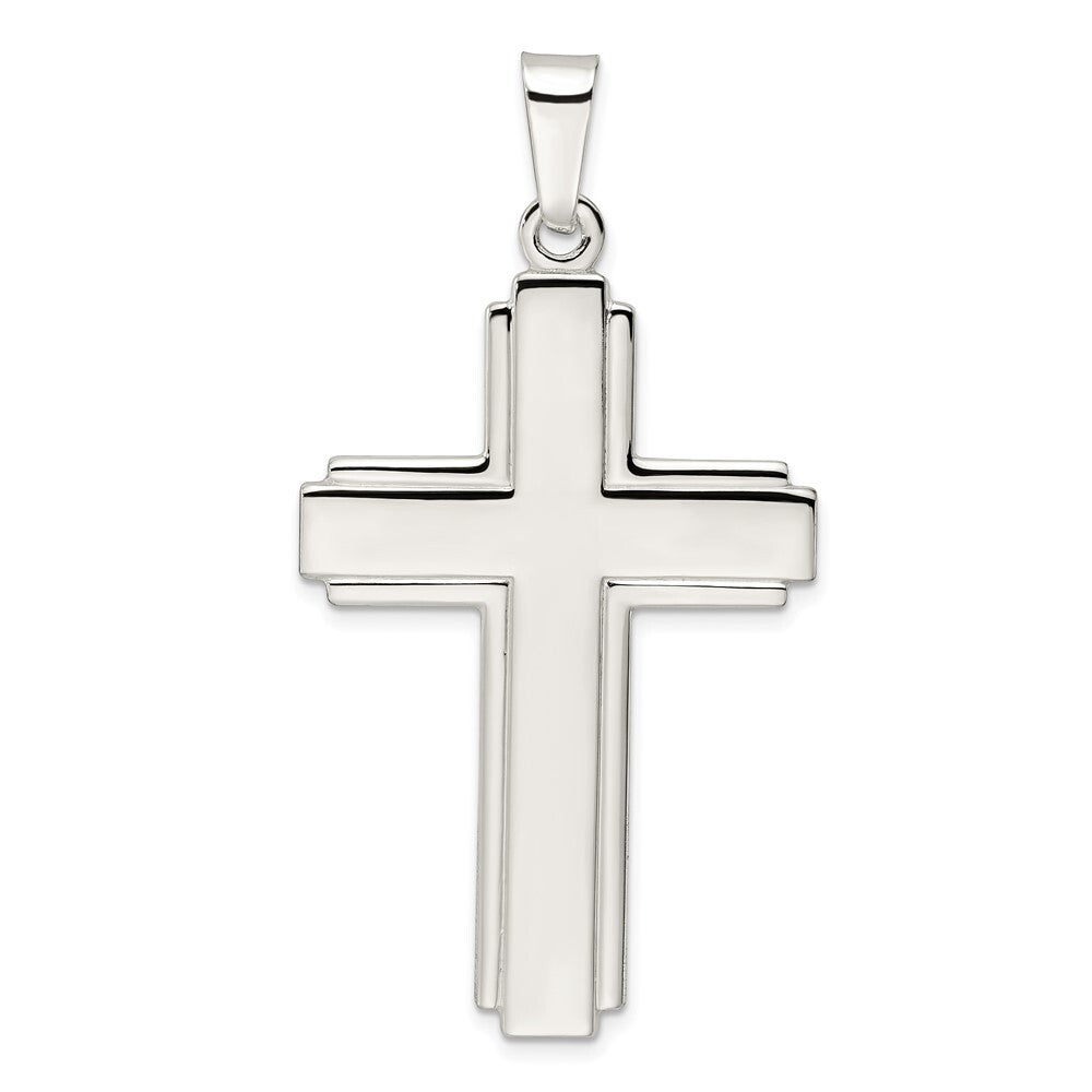 Sterling Silver Polished Edge Lines Large Latin Cross Pendant