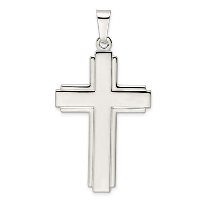 Sterling Silver Polished Edge Lines Large Latin Cross Pendant