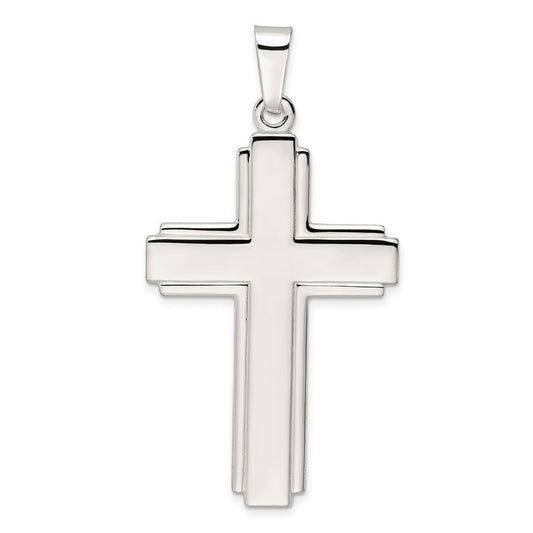 Sterling Silver Polished Edge Lines Large Latin Cross Pendant