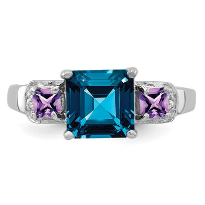 Sterling Silver Rhodium London Blue Topaz, Amethyst & Diamond Ring Size 7