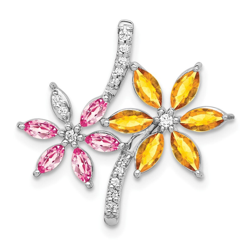 14k White Gold Diamond and 2.20 Citrine Pink Tourmaline Flower Pendant for Women