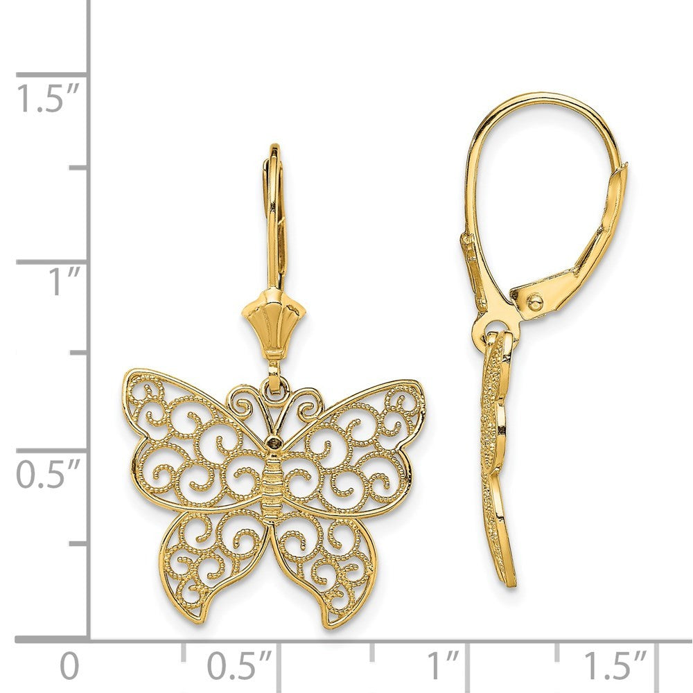 14k Yellow Gold Butterfly w/ Beaded Filigree Wings Drop Dangle Earrings