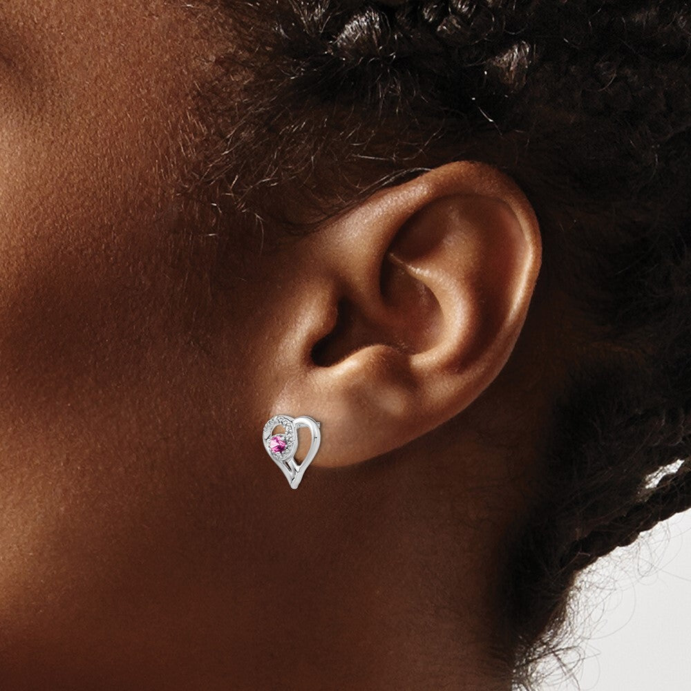 14k White Gold Pink Sapphire and Diamond Heart Stud Earrings