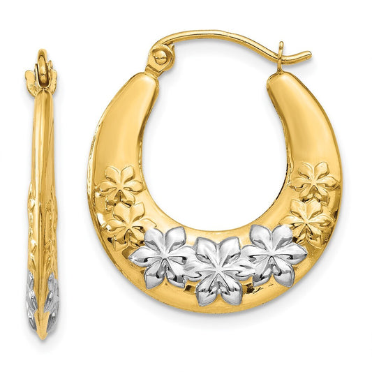 14k Yellow Gold & Rhodium Hollow Flowers Hoop Earrings Gift for Women