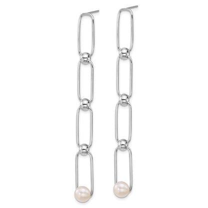 Sterling Silver 6-7mm Freshwater Cultured Pearl & Bead Long Link Dangle Earrings