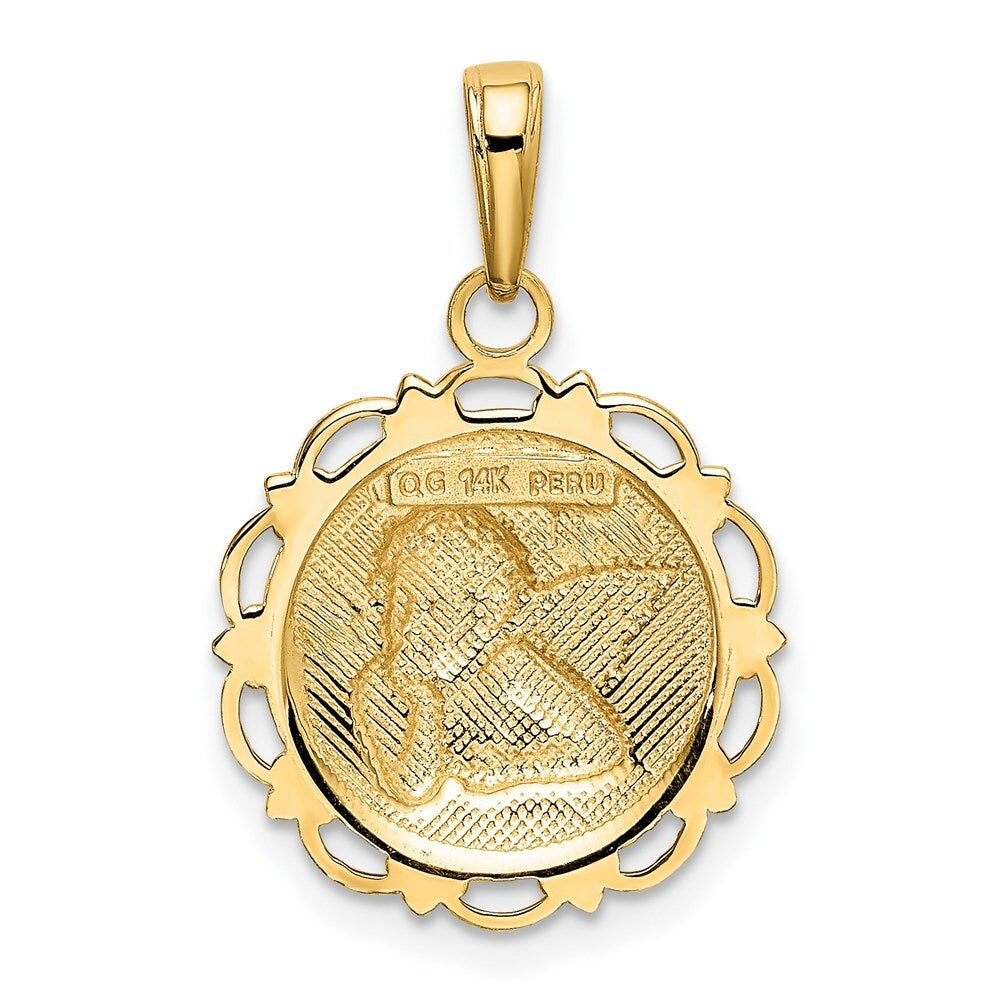 14k Yellow Gold Polished Angel On Round Scallop Frame Pendant for Women