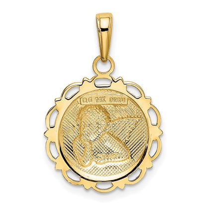 14k Yellow Gold Polished Angel On Round Scallop Frame Pendant for Women
